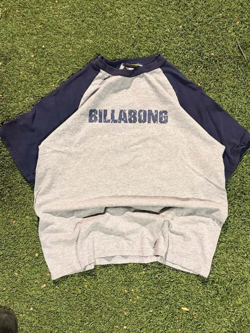 Vintage Billabong Gray and Navy Blue Raglan Graphic T-Shirt